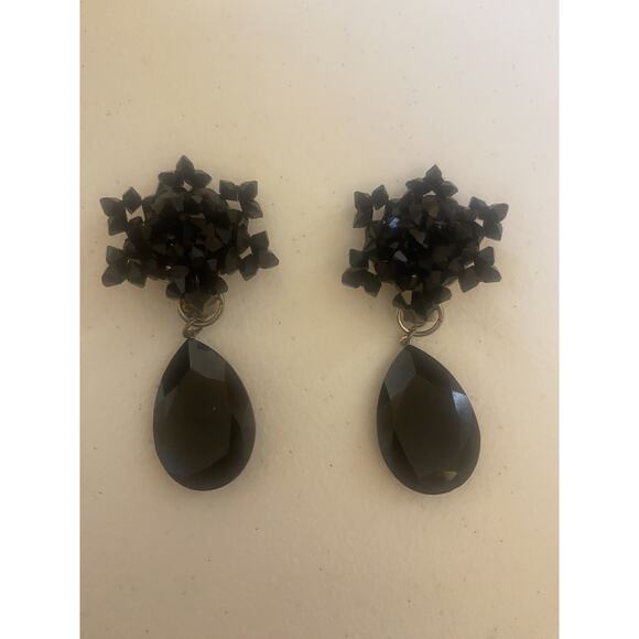 2.5 Long Black Jet Pierced Rhinestone Flower Drop Crystal Pageant Earrings - Picture 1 of 6